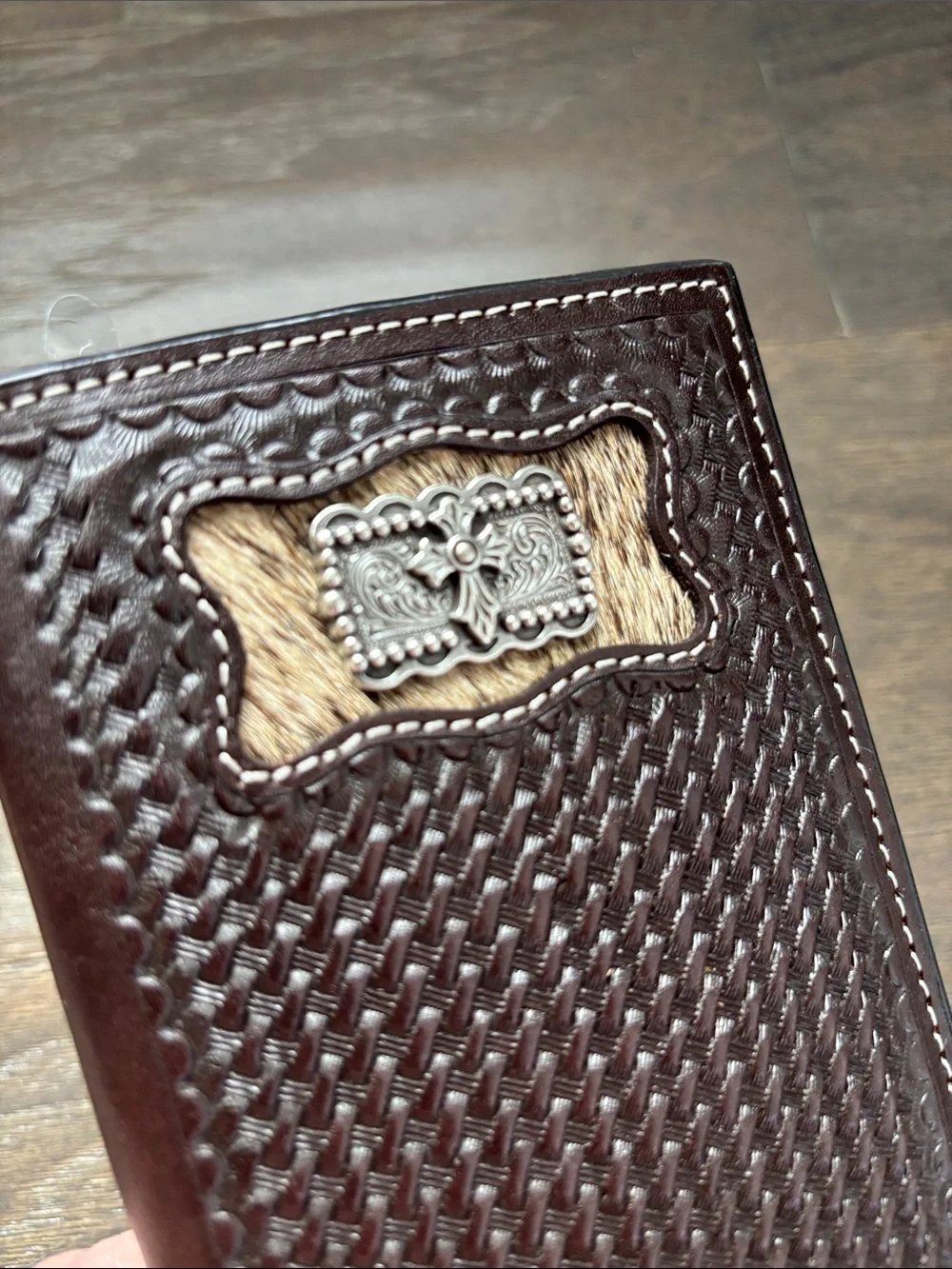 3D Rodeo Wallet,Genuine hand tooled leather,hair hide,Concho,bifold Western